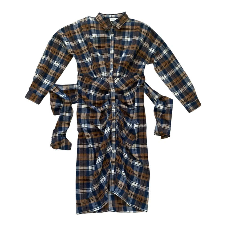 Mabel Maxi Dress SIZE LARGE Blue Brown Plaid Flannel Cozy Front Tie Body Con - Image 3 of 4