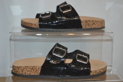 C'M Paris flache schwarze Damen-Sandalen mit doppelter Schnalle Größe UK 6
