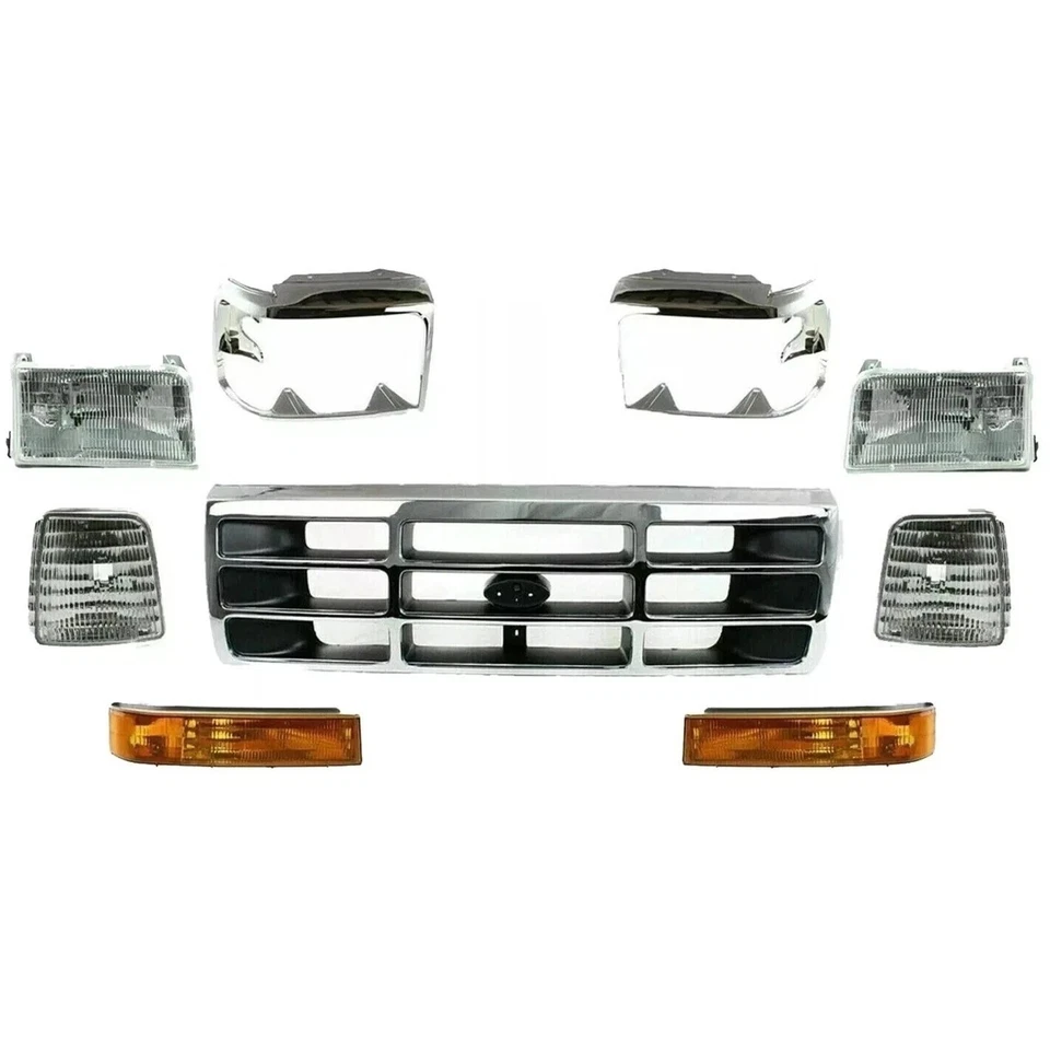 Fits 1992-1997 Ford Bronco F-150 F-250 Front Chrome Grille + Headlights Kit 9PC Foto 2 de 4