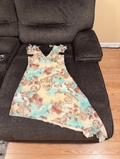 Beige Blue Brown Floral Asymmetric Midi Dress Ruffle Accents Sleeveless