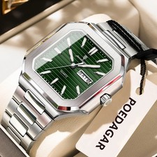 POEDAGAR Men s Square Quartz Watch Stainless Steel Waterproof Luminous Day Date
