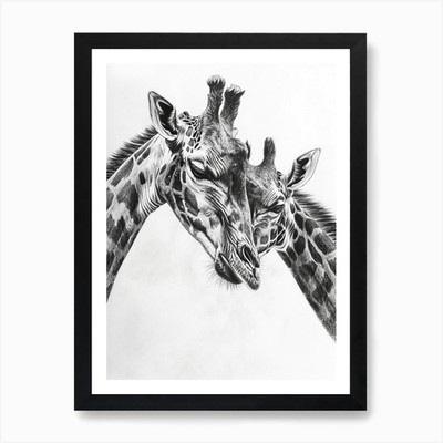 Two Giraffes Pencil Drawing 2 Art P Framed Wall Art Poster Canvas Print Picture
