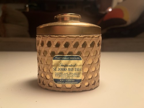 Vintage Imported St Johns Bay Talc Tin Shaker West Indies Bay Co Woven Palm 6oz