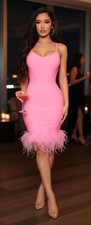 NWT! FASHION NOVA Yvana Hot Pink Sleeveless Feather Trim Bodycon Mini Dress S