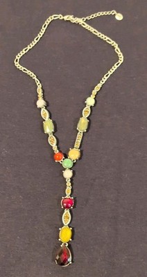 VTG signed DB Multicolor Y drop Necklace green, amber, red yellow 11'' 