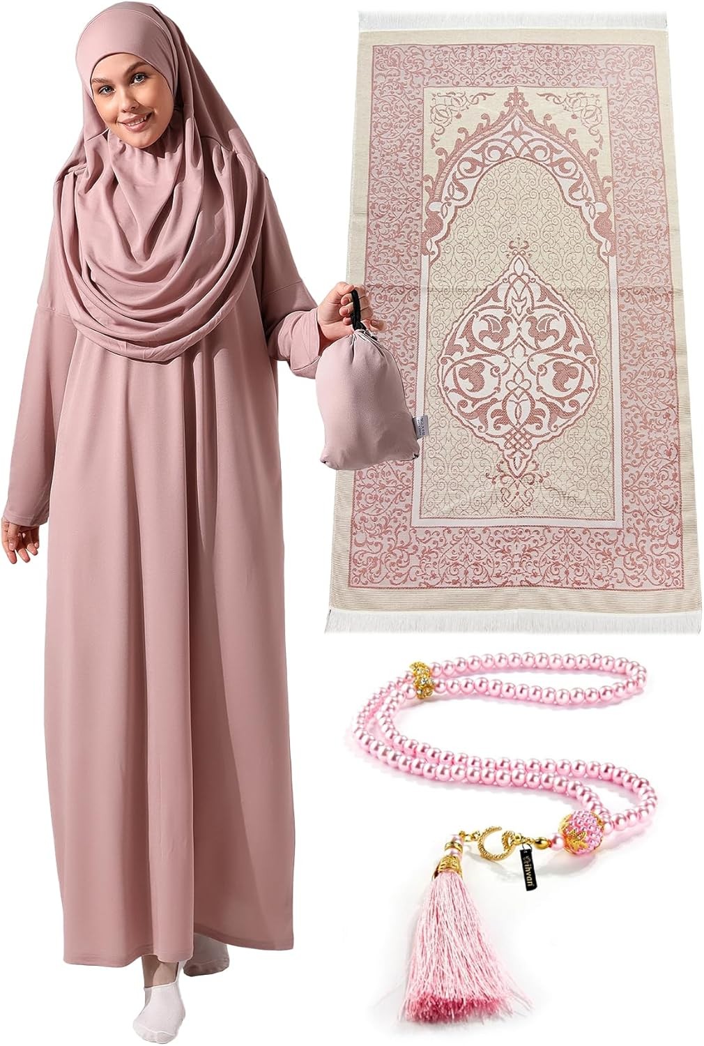 Vestidos musulmanes para mujer, vestido de oración de una pieza, alfombra y cuentas.