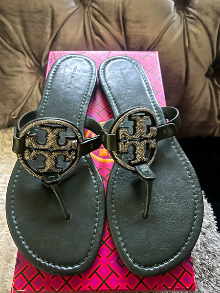 Tory Burch Women’s Leather Thong Sandals Logo Dark Emerald/Rhinestone  US 11 