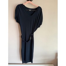 Tommy Hilfiger Navy Blue V-Neck Belted Draped Sheath Dress Gold Buckle Size 2