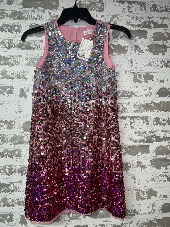 全新带标签! H&M亮片无袖派对连衣裙 - 女孩 9-10Y 码 - 银色和粉色 — 第 3/4 张图片