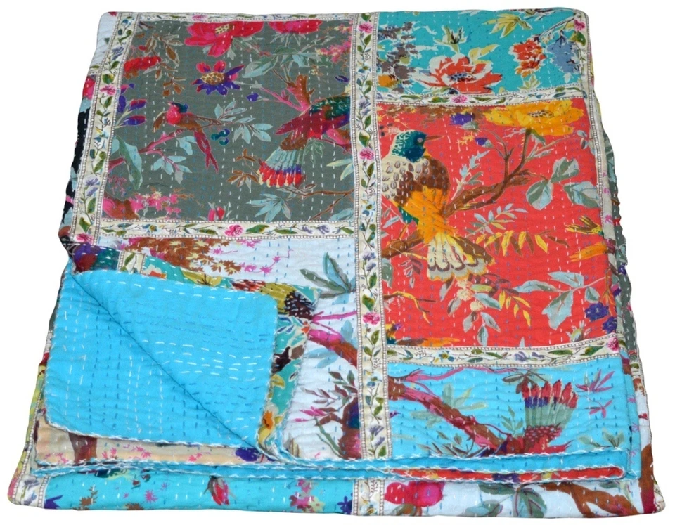 Colcha Kantha de algodón indio con estampado de pájaros retazos arte étnico vintage Foto 4 de 4