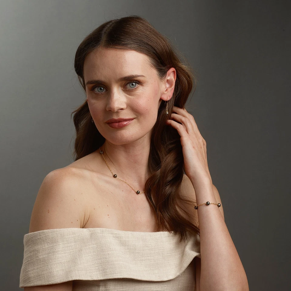 Pulsera de perlas Akoya negras para mujer joyería minimalista pulsera de eslabones de cadena Foto 2 de 4