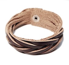 Brown Leather Bracelet Dark Braided Wristband Style Snap Close 8 1/2  Long