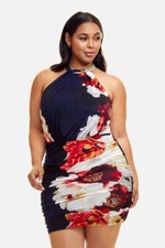 Fashion To Figure Floral Halter Ruched Bodycon Mini Dress Black Plus Size 1