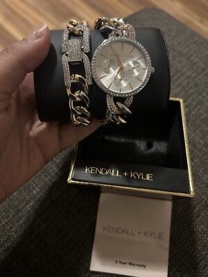 Kendall + Kylie: Large Open-Link Crystal Embellished Gold Watch and Bracelet Set