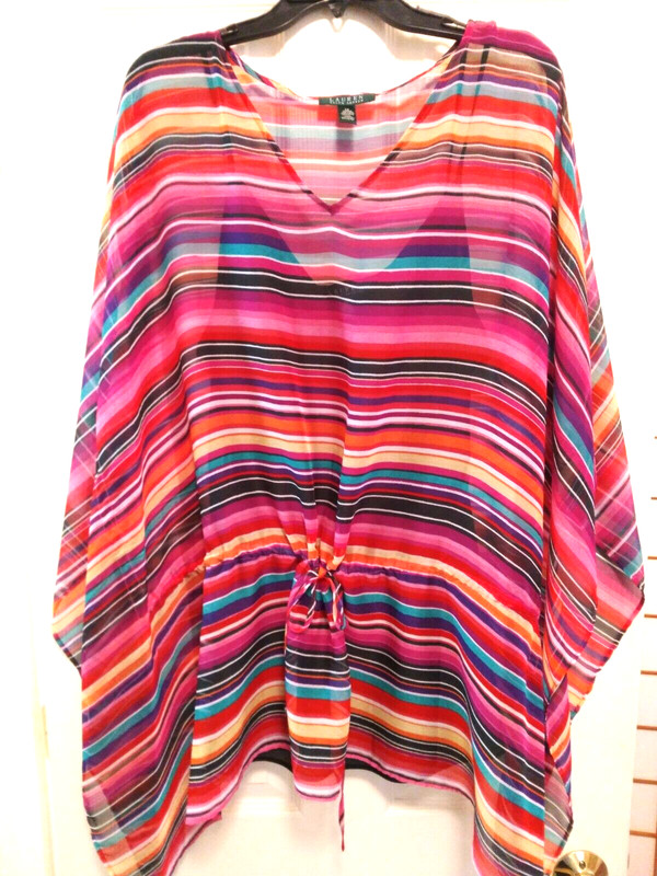 LAUREN RALPH LAUREN COLORFUL SHEER OVERLAY BLOUSE BLACK CAMI COMBO TIE WAIST 1X