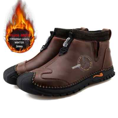 Men's Autumn Winter Plush Warm Thick Sole Ankle Boots Soft Leather Walking Shoes