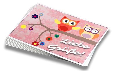 Postkarten Eulenpaar-Liebe Grüße, 10 Stück, Grußkarten I Eulen, roa, Kinder