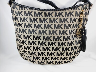 Michael Kors AI-1209 Tan & Black Logo Print Canvas Shoulder Bag Leather Handle | eBay Michael Kors AI-1209 Tan & Black Logo Print Canvas Shoulder Bag Leather Handle | eBay
