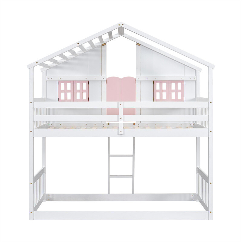 Twin over Twin House Bunk Bed with Roof,Window,Storage Box,Door for Kids Gifts