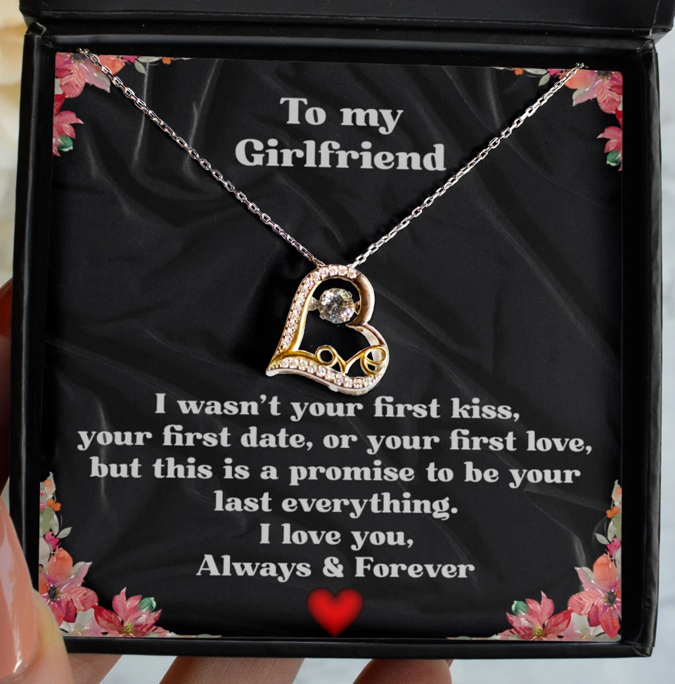 To My Girlfriend Gold Heart Necklace Message Card Silver Pendant Gift Jewelry