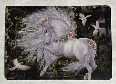 SWAP CARD 1 WHITE UNICORN LAURIE PRINDLE ART FLOWERS HORSE PLAYING NOT A DECK