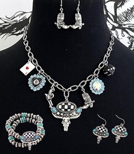 Western Checkered Steer Skull Charm Necklace, Earrings,  Bracelet