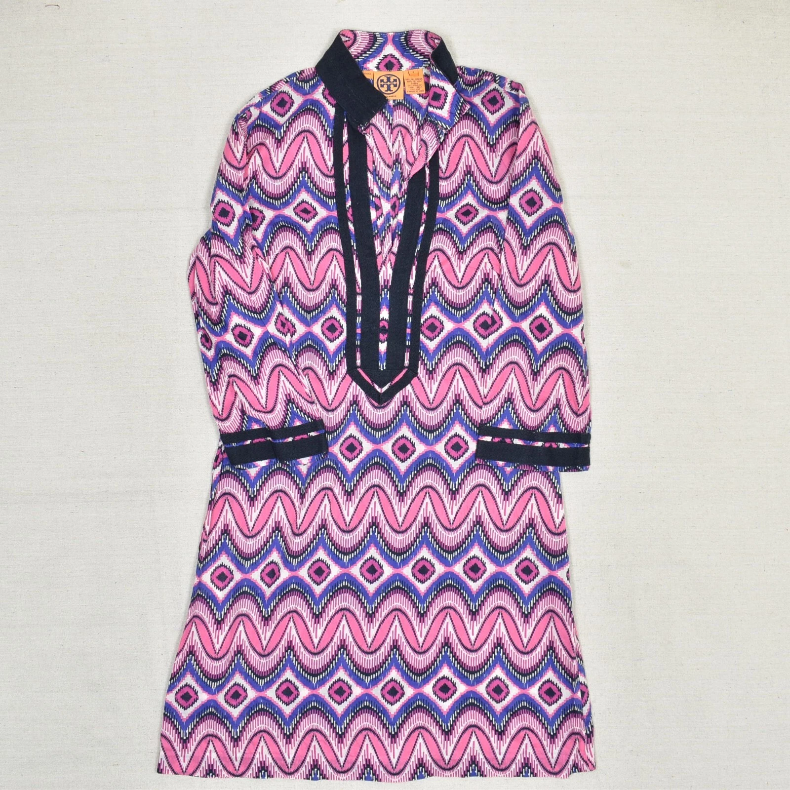 Abito donna Tory Burch tubino scollo V geometrico manica 3 4 cotone rosa taglia 8