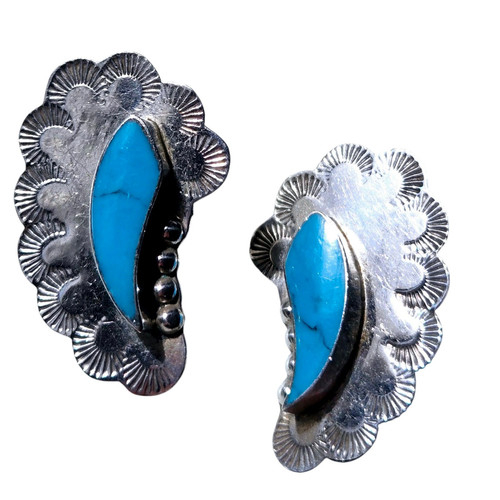 Pendientes estampados turquesa plata esterlina México vintage - Imagen 3 de 9