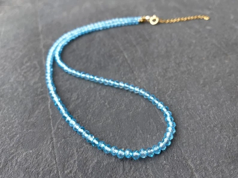 3-4MM A++ Blue Topaz Faceted Round Gemstone Beads Handmade Women Necklaces 18'' - Image 4 of 4