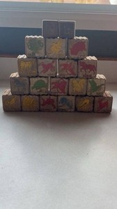 VTG Wooden  Animal Illustration Blocks 50s-60s Set Of 20 Distressed Rough