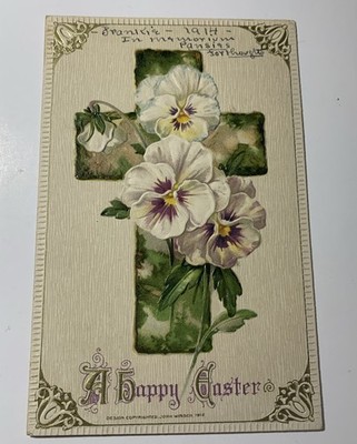 Winsch A Happy Easter Postcard Cross Flowers 1914 Written Unposted B325