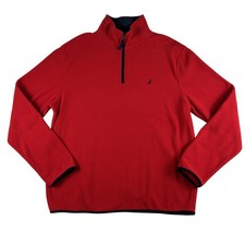 Nautica Sweatshirt Mens Large Red Fleece 1/4 Zip Pullover Mock Neck Navy Trim
