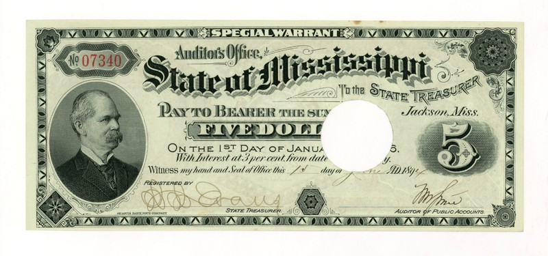 1894 Cr.64 $5 The State of MISSISSIPPI Note / Auditor Special Warrant AU+
