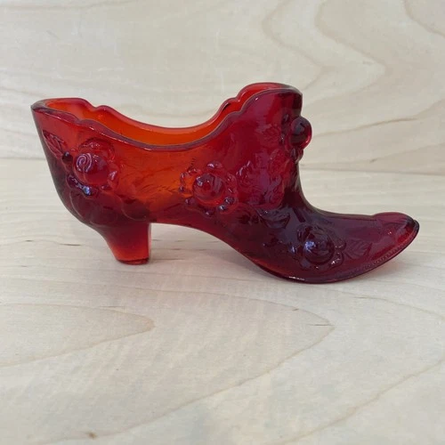 Fenton Ruby Cabbage Rose Glass Slipper Glows 6 In. Long Red Floral Victorian