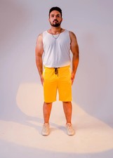Men's White Tank Top Yellow Athletic Shorts Set Drawstring Side supports