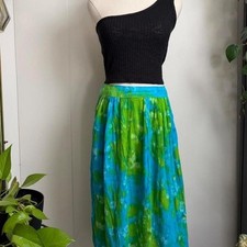 Vintage Teal Blue Green Tie Dye Cotton Crinkle Midi Skirt Side Zip Small