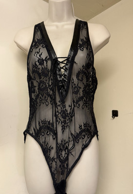 Killstar Black Gothic Sheer Lace Bodysuit Floral Pattern Lace-Up Strap Size L