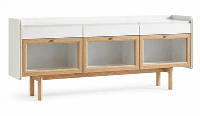 Moderne Sideboard-Konsole mit Glasfronten und Eichenholzbeinen - Bild 1 von 4