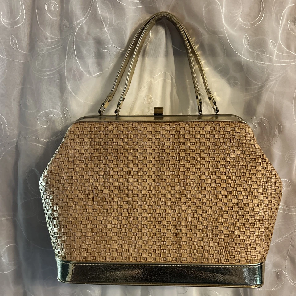 Vintage Markay Bags Gold Straw Satchel Handbag Kiss Lock Closure Made In USA - Image 3 of 4