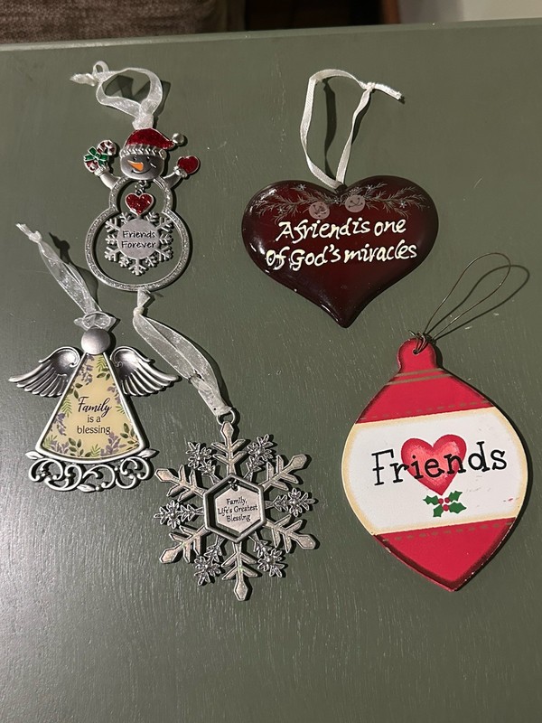 5 Christmas Tree Ornaments Lot Friend & Family Theme Decor Heart Angel