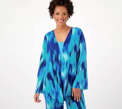 AmberNoon II by Dr. Erum Ilyas UPF 30 Cascade Open Front Topper Shirt Navy Ikat