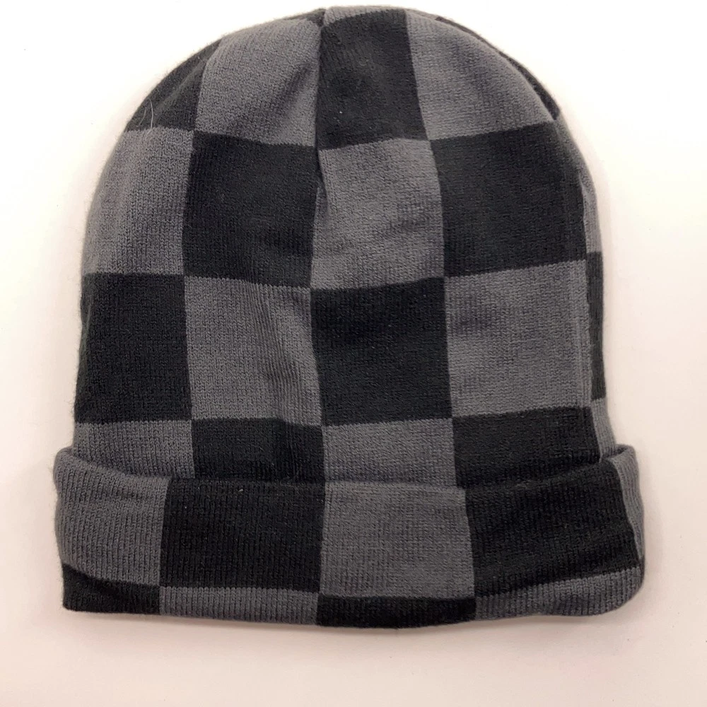 Black Gray Checkered Pattern Grid Winter Cuff Hat