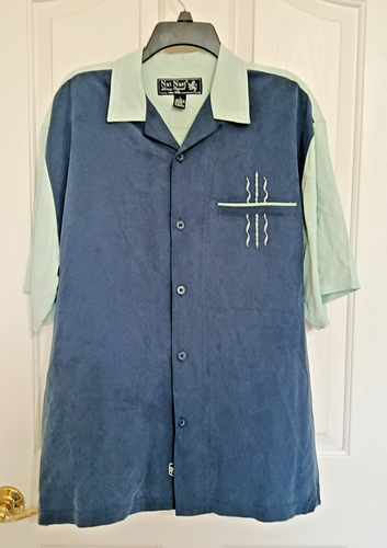 Camisa de Bowling Nat Nast Lujo Originales Rockabilly Retro Seda Azul y Como Nueva Grande - Imagen 8 de 8
