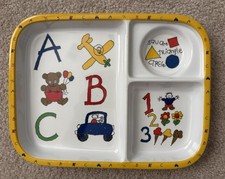 Vintage 1987 Melamine Divided Children Toddler Tray Plate ABC Numbers Shapes