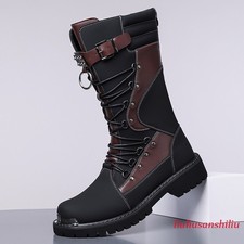 38-48 Plus Size Mens Buckle Lace Up Rivets Mid Calf Boots Knight Motorcycle Boot