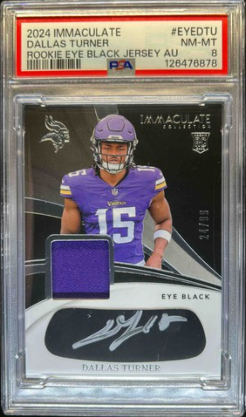 2024 Panini Immaculate Dallas Turner Rookie Eye Black Jersey Auto #/99 PSA 8 RC view 1