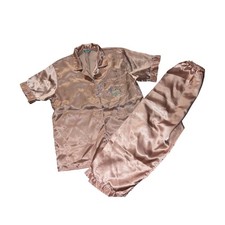 Vintage Sante Satin Pajama Set Rose Gold Bunny Embroidery Short Sleeve Pants M/L