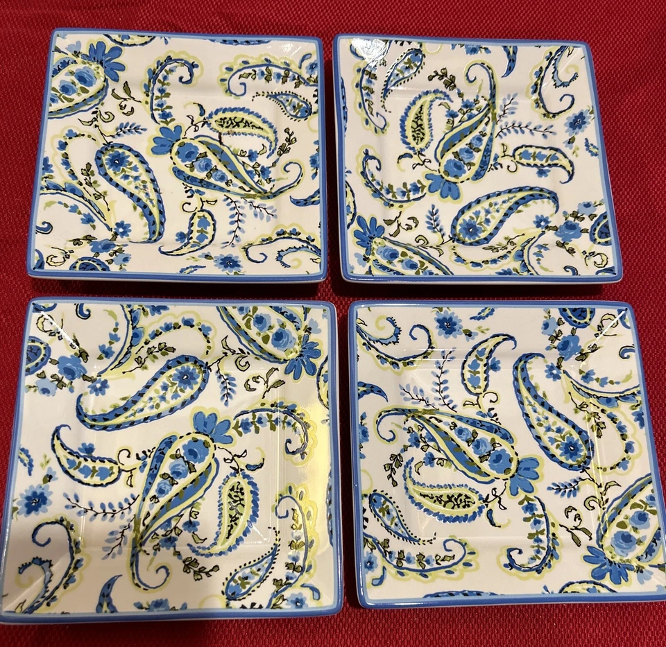 Cynthia Rowley 4 Platos de Cóctel Cuadrados Azul Paisley Relish Pan Postre Foto 3 de 4