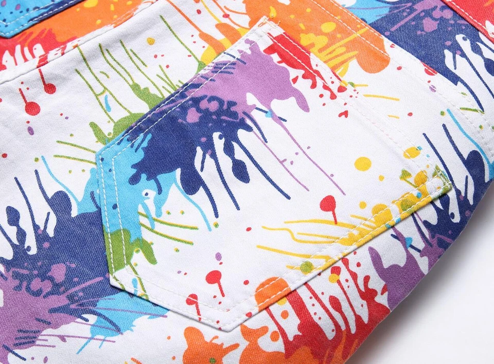 Mens White Denim Cotton Colorful Printed Straight Leg Stretch Summer Pants Jeans - Image 4 of 4