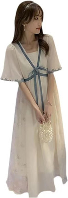 French Retro Dress Summer Dress Short Sleeve Summer Style Over-The-Knee Long Ski